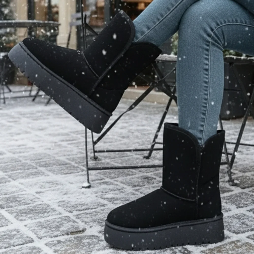 Platform Classic Short Boot Plush Faux Fur Vegan Suede Chunky Lug Winter Shoes